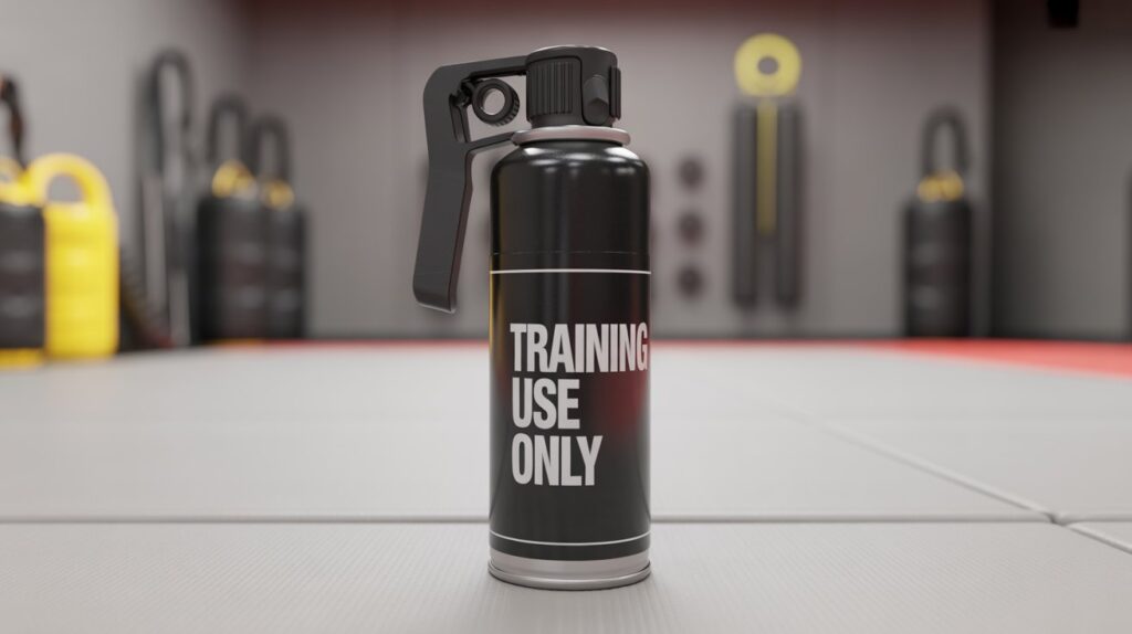 Inert pepper spray canister for safe self-defense training practice.