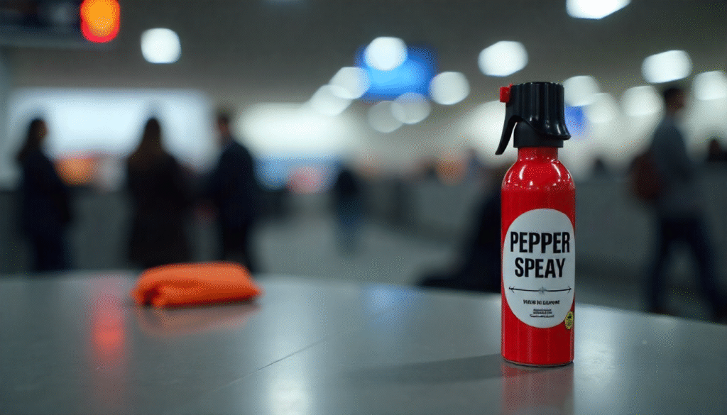 Can you bring pepper spray on a plane — pepper spray bottle on airport counter showing TSA security rules.