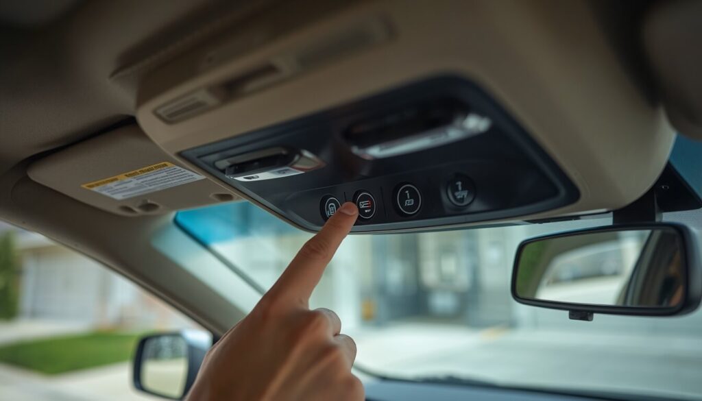 Driver pressing built-in garage door transmitter buttons