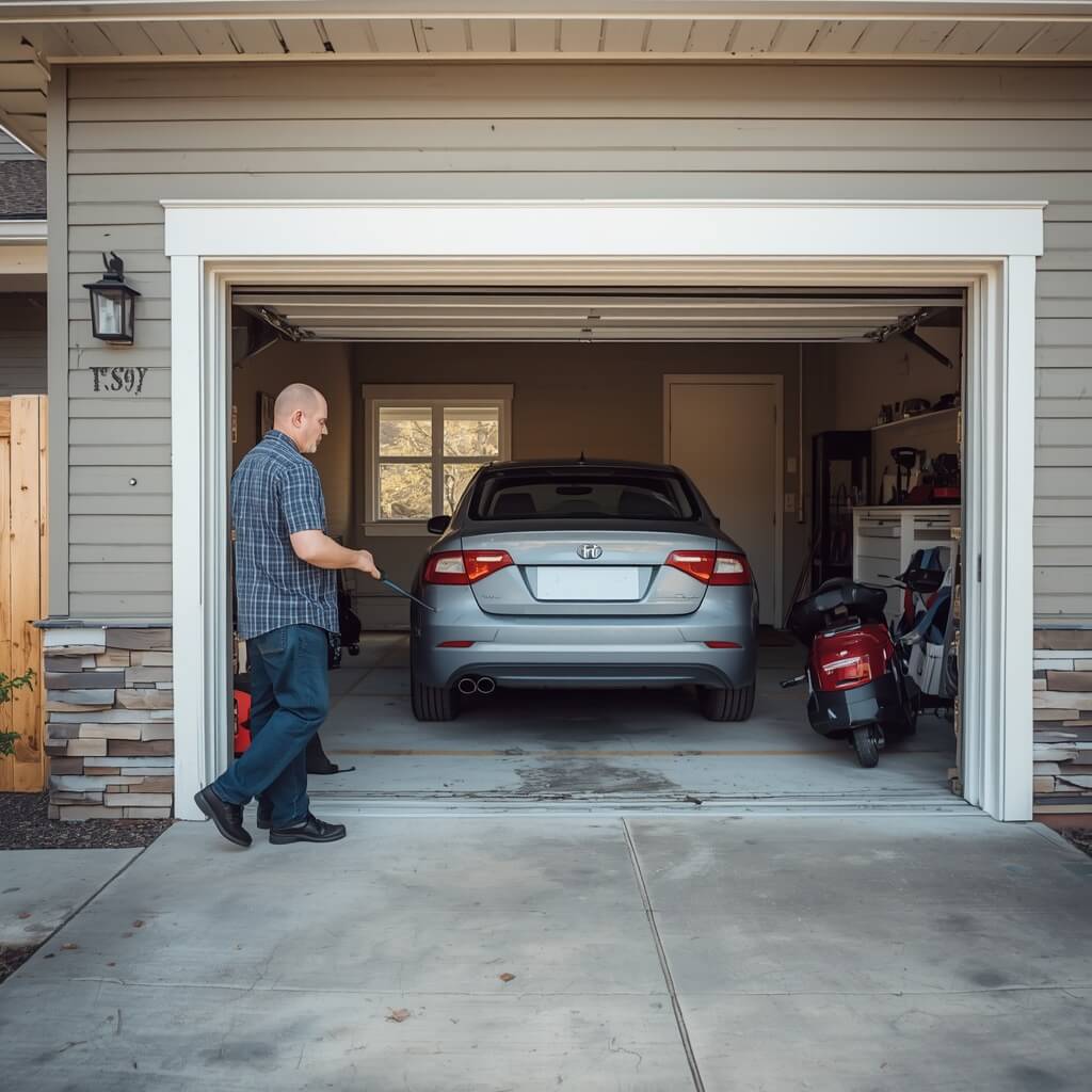 Homeowner testing the car's built-in garage door opener